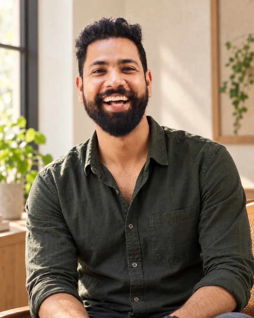 AI-assisted editorial portrait of Rahul Yadav smiling by a window